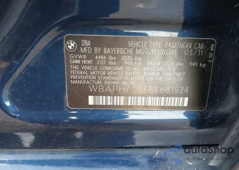 2011 BMW 328I из США, поврежденный, VIN WBAPH7C53BE681524